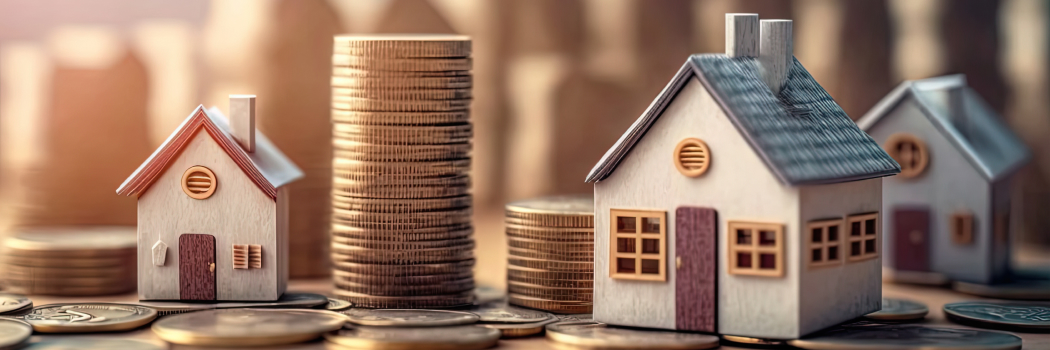 Miniature house surrounded by coins.